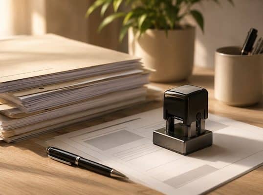 Tavolo da ufficio con documenti, timbro, penna e pianta in vaso.