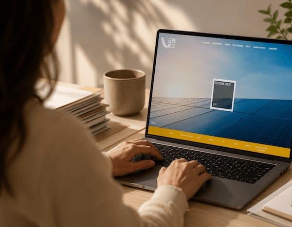 Persona che lavora al computer con sito GSE su schermo.
