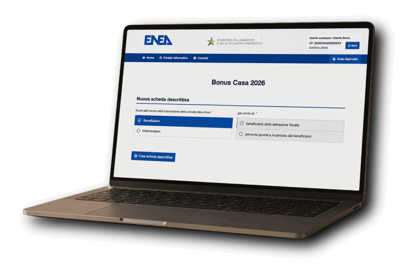 Laptop con schermata di una piattaforma online per bonus casa 2026.