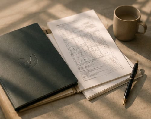 Documenti e planimetrie di un progetto di ottimizzazione energetico con penna e tazza di caffè.