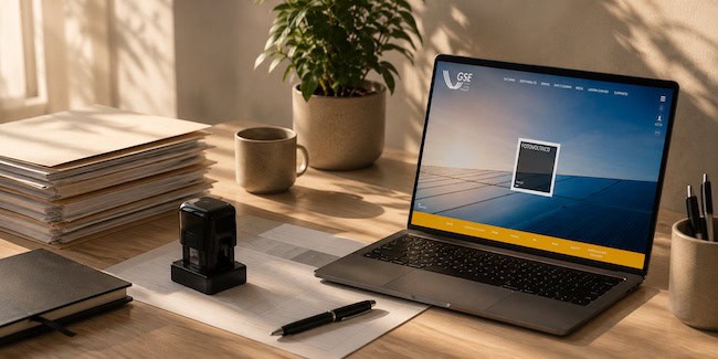 Studio Tecnico Lumiar: documenti GSE e laptop su scrivania luminosa.