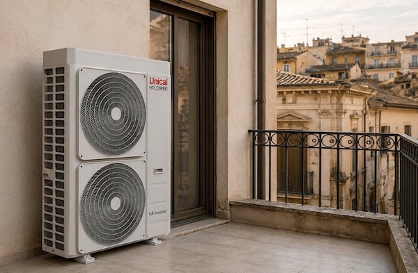 Unità di climatizzazione esterna Unical HP Power su balcone a Roma.
