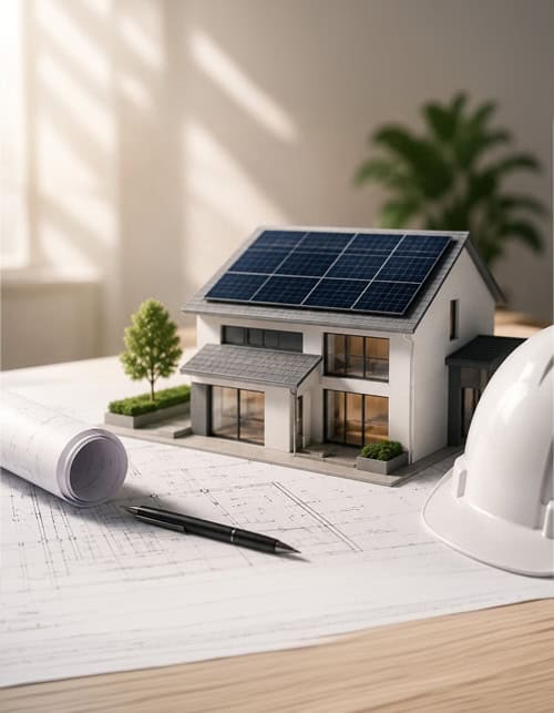 Modello di casa con pannelli solari e casco di sicurezza su tavolo di progetto.