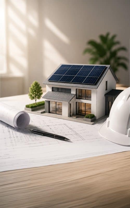 Modello di casa con pannelli solari sul tetto per impianto fotovoltaico.