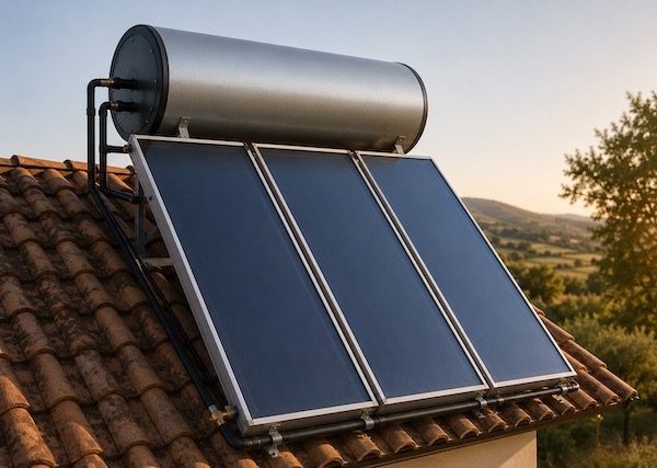Pannello solare e scaldabagno sul tetto di una casa.