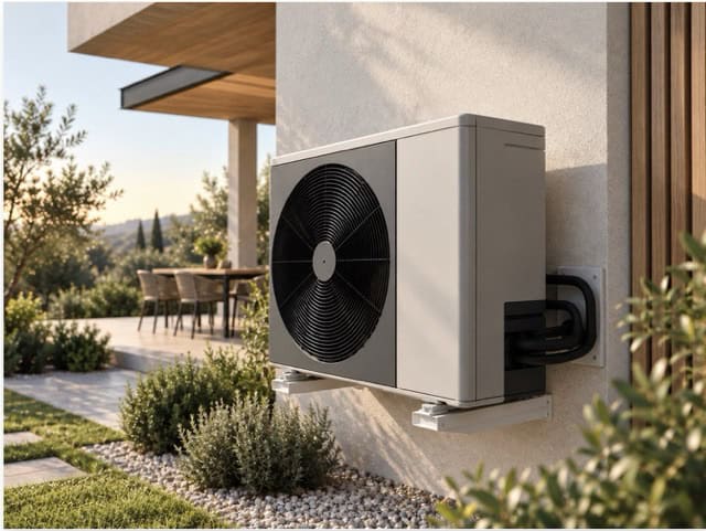 Pompa di calore esterna installata in giardino moderno.